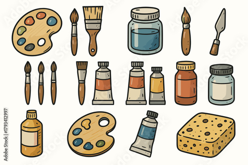 Art tubes jars tools studio palette brushes acrylic sponge vector collection icon