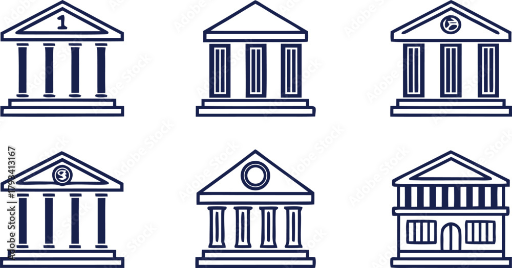 Fototapeta premium Blue Outline Icons of Classical Buildings with Columns and Pediments building icon architecture