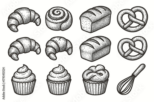 Cinnamon croissant cupcake icon collection loaf vector pretzel whisk roll bakery
