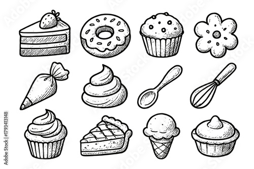 Bag donut set sweet whisk spoon icon layout treats vector frosting bakery