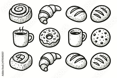 Croissant mug bread vector icon donut set pastry bakery coffee morning