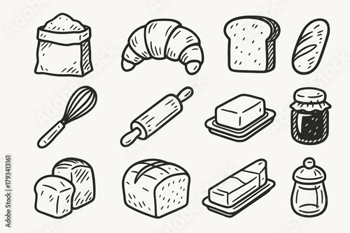 Rolling set croissant vector jam pin butter pastry jar essentials icon bakery