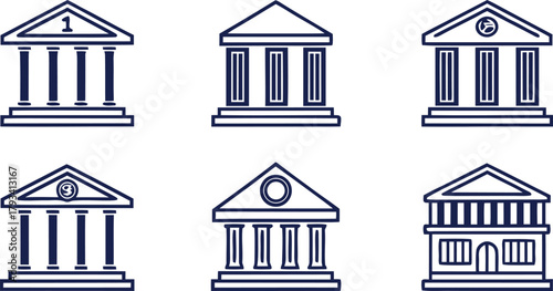 Blue Outline Icons of Classical Buildings with Columns and Pediments building icon architecture