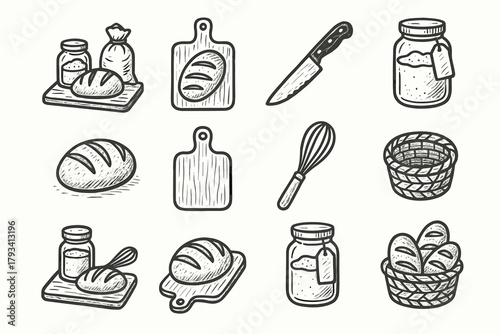 Whisk board setup icon basket set bread vector knife bakery flour jar