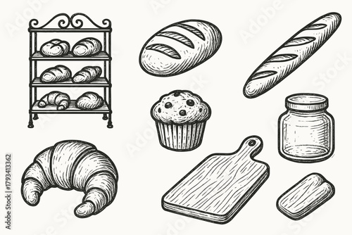 Bakery vector jar collection baguette board loaf croissant shelf muffin elegant icon