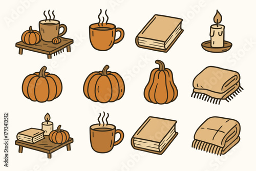 Vector book icon mood pumpkin cozy autumn candle blanket icons setup steaming