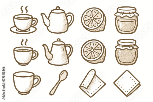 Cup spoon vector cozy lemon honey setup napkin kettle icon tea