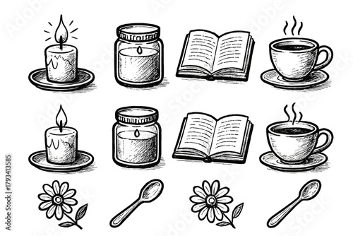 Cup book icon table vector scene tea candlelight wax cozy flower spoon