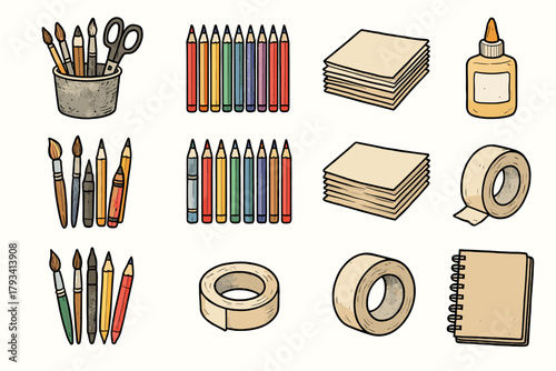 Craft colored icon sketchbook paper mix tape stack vector art supply icons