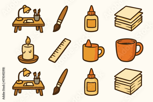 Paper icon craft brush cup desk ruler stack creative vector glue candle