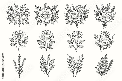Peonies set floral leaf foliage roses vector mix fern icon lavender bouquet