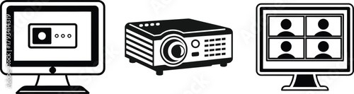Computer Monitor Projector and Video Conference Screen Icons vector illustration