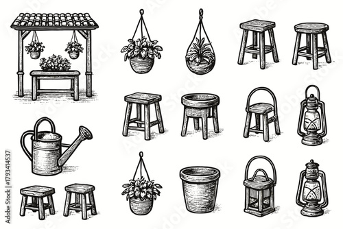 Lantern icon watering icons vector garden plants rustic pot charm setup hanging