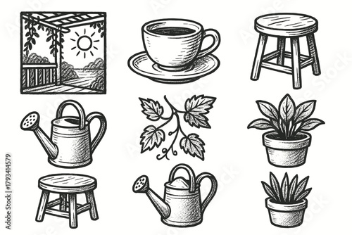 Vector plant icon watering vine branch icons tea stool can veranda garden