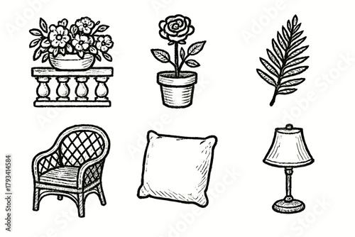 Lamp floral view chair rose garden icons leaf pot veranda arrangement icon