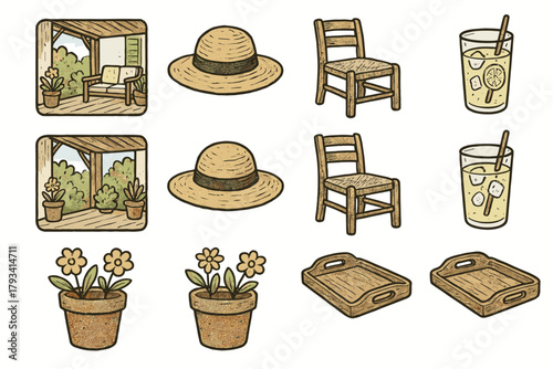 Garden summer hat vector calm chair icon straw lemonade icons pot veranda