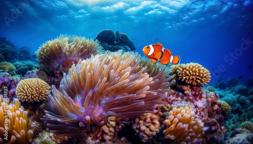 vibrant coral reef teeming with life showcasing a clownfish amidst a variety of colorful coral formations ocean s beauty and biodiversity