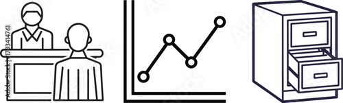 Icons Representing Business Meeting, Data Graph, and Filing Cabinet Keywords: business meeting, presentation, speaker, audience