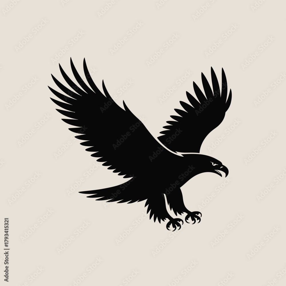 Obraz premium Silhouette of an eagle with wings spread in flight against a neutral background.