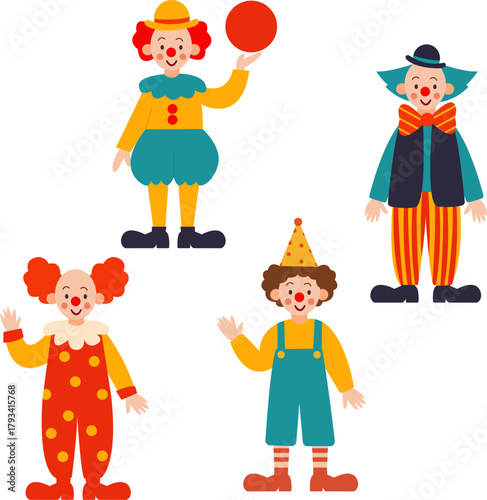 Four cheerful cartoon clowns with red noses and colorful costumes—one holding a red ball, another in stripes, one with puffy pants, and one wearing a party hat—all smiling and waving.