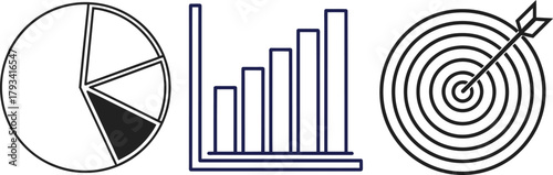 Pie Chart Bar Graph and Target with Arrow Icons on White Background data statistics