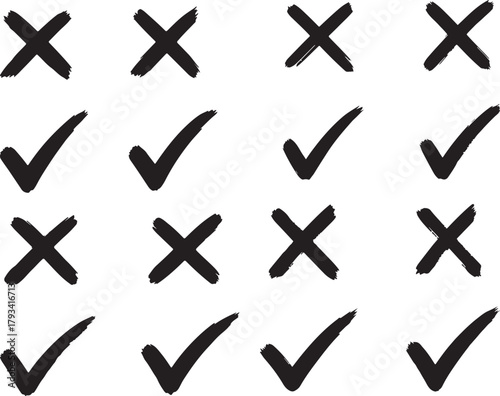 Black Check Marks and Crosses Brush Strokes on White Background Keywords: check mark, cross, x