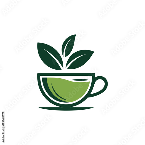 A cup of green tea with fresh leaves symbolizes healthy and organic beverage.