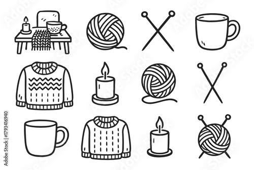 Desk workspace vector icon ball needles cozy knitting folded yarn sweater candle