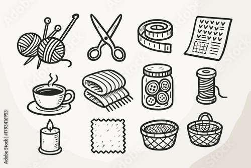 Cup basket desk icon needles vector folded knitting jar spool fabric essentials