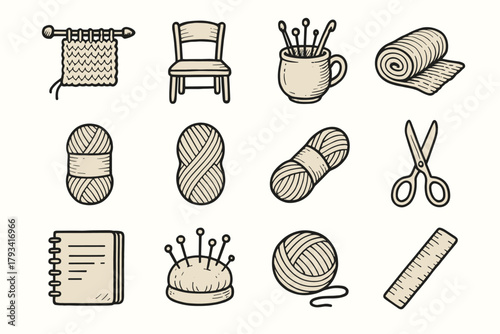 Yarn skeins cushion vector notebook pin icons desk crafting knitting ruler scissors