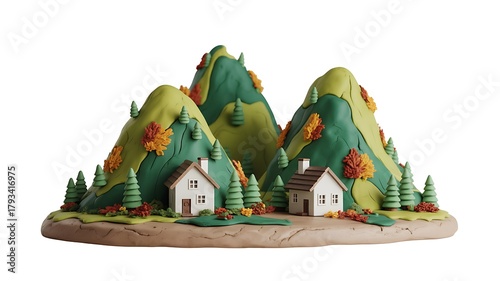 Charming clay model of a village nestled in colorful mountains
