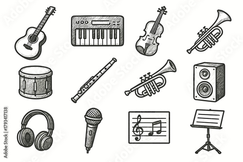 Icons music sheet icon guitar trumpet headphones instrument acoustic keyboard speaker vector