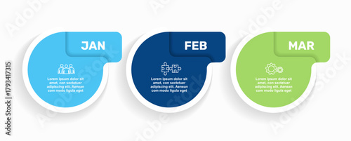 Three-step infographic with icons, headings, and text blocks for business, presentation, or data visualization. Vector.
