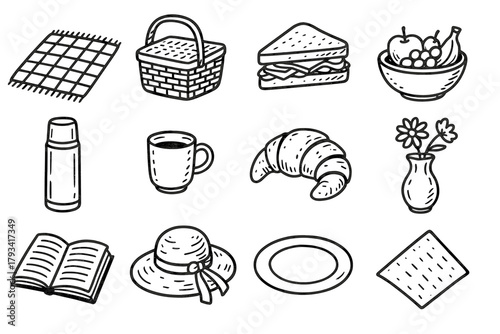 Picnic bowl napkin collection blanket hat vase icon wicker croissant vector basket