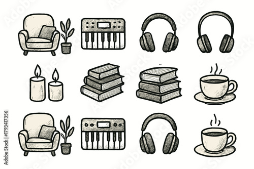 Cup tea candles keyboard books icon cozy vector music icons zone headphones