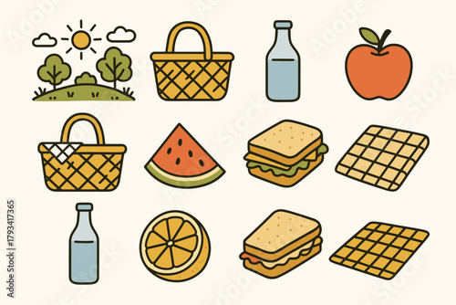 Fruit set icon park sandwich blanket vector sunny basket picnic bottle