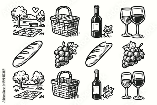 Park view set bottle grapes icon basket baguette glass picnic vector wine