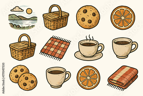 Slice set picnic tea cookies vector wicker cup orange icon basket calm