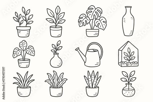 Watering pots interior leaf jug glass decor minimalist icon vector terrarium plant