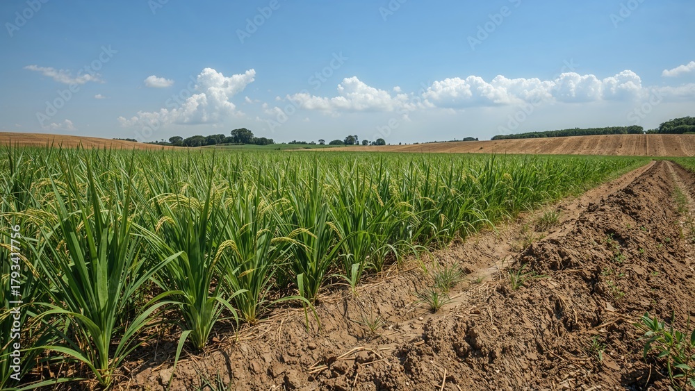 Fototapeta premium Vast green agricultural field with rows of crops under a blue sky with clouds during daytime.