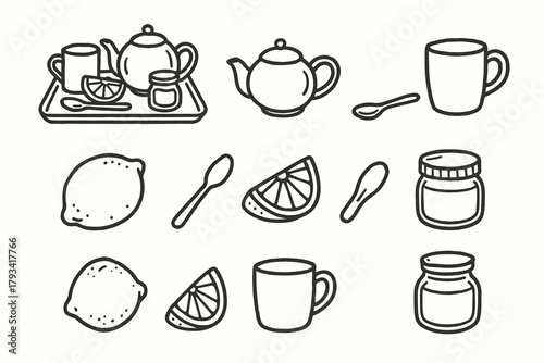 Honey vector teapot icon modern morning jar small ritual mug teaspoon set