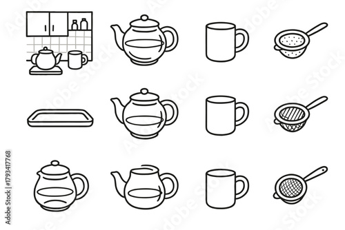 Icon mug minimalist strainer teapot kitchen vector tea glass tray