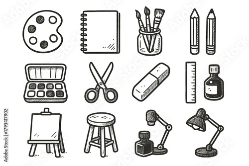 Workspace eraser icon scissors vector icons jar lamp brushes bottle watercolor palette