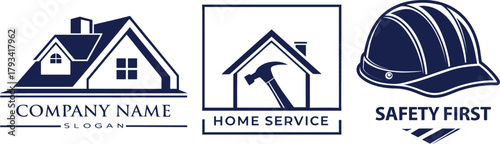 Set of Three Construction and Service Related Logos with Text and Icons Keywords: construction logo, home service logo, safety first