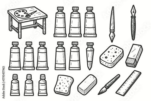Media paint ink icon eraser icons table tools mixed ruler vector art