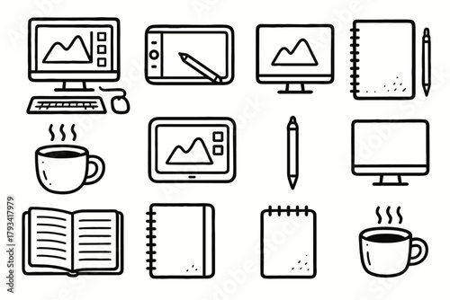 Icon coffee creative art workspace digital monitor icons tablet vector stylus setup