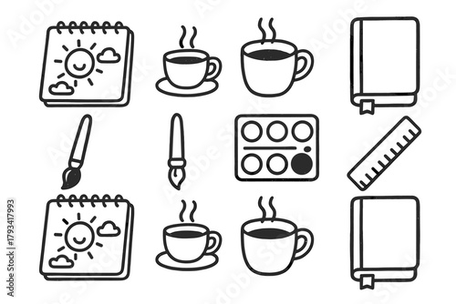 Notebook cup workspace brush art icon vector tea paints morning session