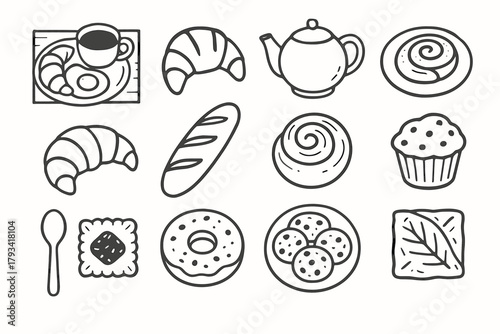 Teapot napkin plate setup cookie vector pastries spoon bakery set icon breakfast