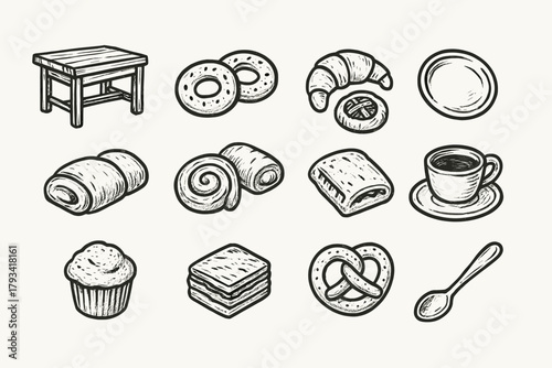 Bagels table set icon rustic spoon pastries cup bakery plate kitchen vector