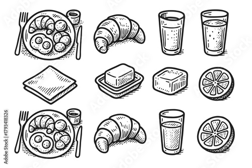 Icon brunch butter slice croissant table icons glass napkin juice vector bakery